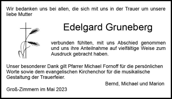 Traueranzeige von Edelgard Gruneberg von Dieburger Anzeiger/Groß-Zimmerner Lokal-Anzeiger