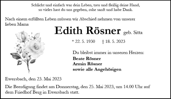 Traueranzeige von Edith Rösner von Dill Block
