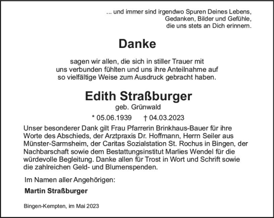 Traueranzeige von Edith Straßburger von Bingen/Ingelheim WOBL inkl. Neue Binger Ztg.