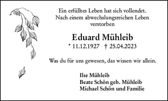 Traueranzeige von Eduard Mühleib von Darmstädter Echo