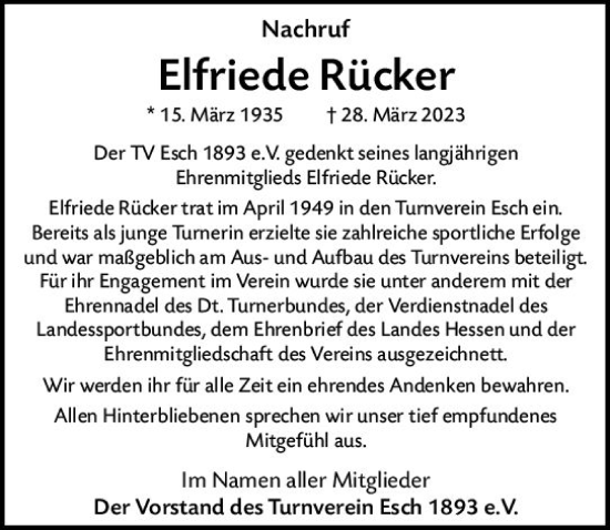 Traueranzeige von Elfriede Rücker von Idsteiner Land/Untertaunus