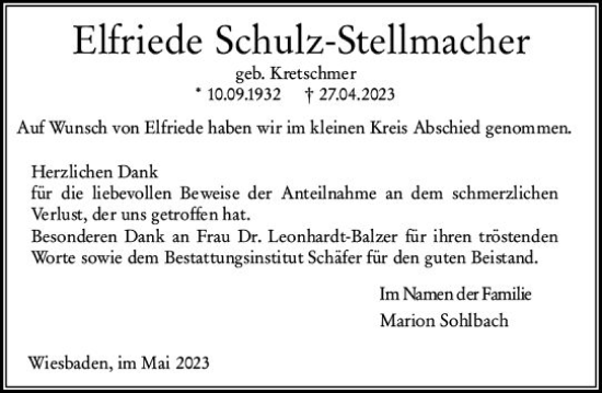 Traueranzeige von Elfriede Schulz-Stellmacher von Wiesbadener Kurier