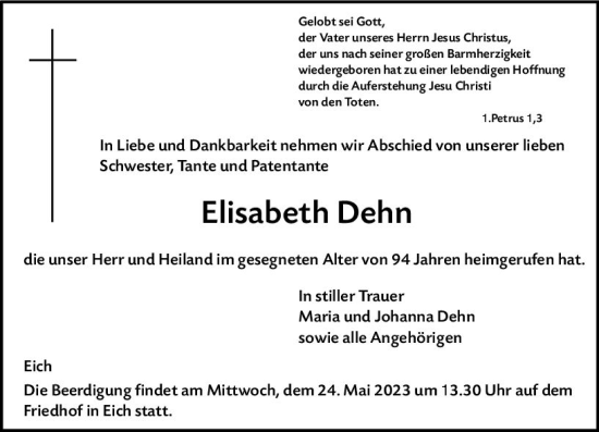 Traueranzeige von Elisabeth Dehn von Wormser Zeitung