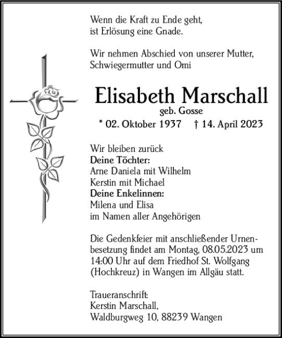Traueranzeige von Elisabeth Marschall von Starkenburger Echo