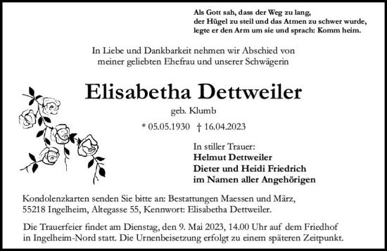 Traueranzeige von Elisabetha Dettweiler von Allgemeine Zeitung Bingen/Ingelheim