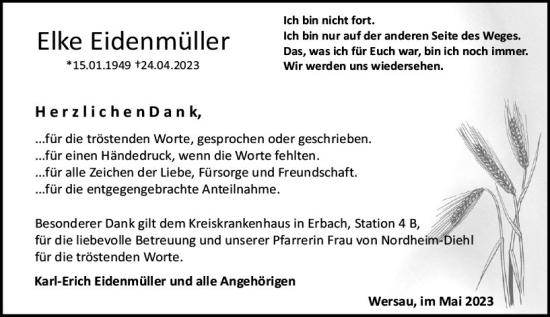 Traueranzeige von Elke Eidenmüller von Odenwälder Echo