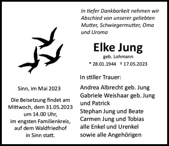 Traueranzeige von Elke Jung von Dill Block