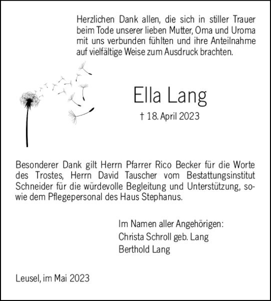 Traueranzeige von Ella Lang von VRM Trauer