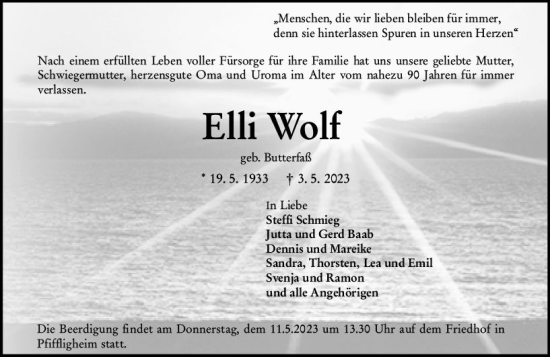 Traueranzeige von Elli Wolf von Wormser Zeitung
