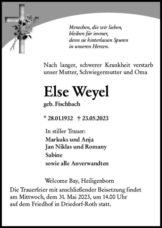 Traueranzeige von Else Weyel von Dill Block