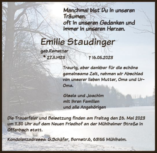 Traueranzeige von Emilie Staudinger von Allgemeine Zeitung Mainz
