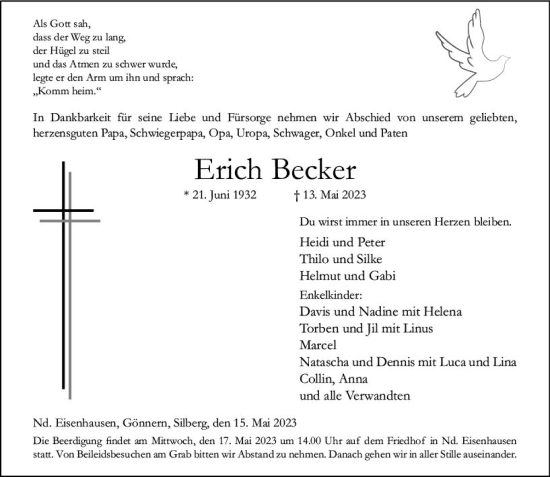 Traueranzeige von Erich Becker von Hinterländer Anzeiger
