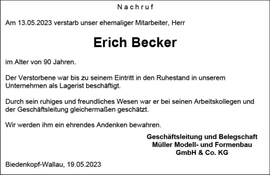 Traueranzeige von Erich Becker von Hinterländer Anzeiger