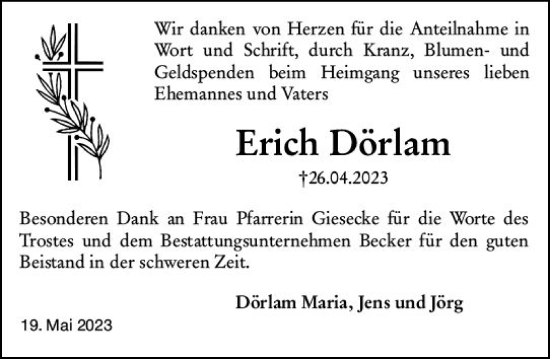 Traueranzeige von Erich Dörlam von Darmstädter Echo