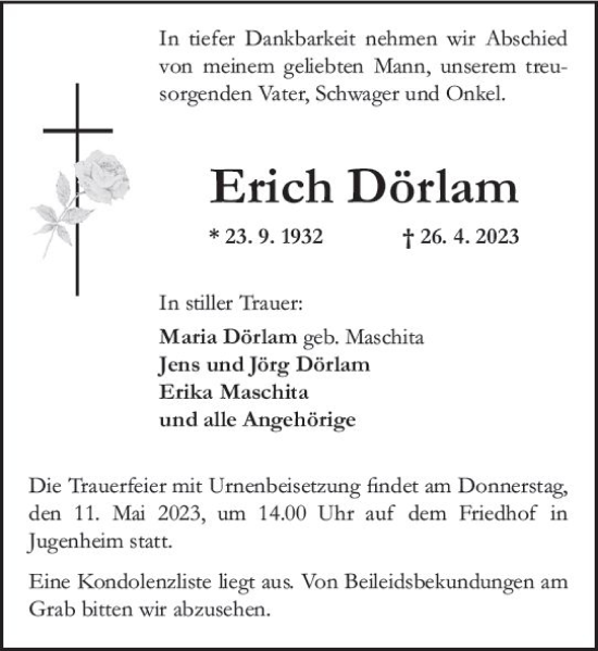 Traueranzeige von Erich Dörlam von Darmstädter Echo