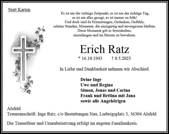 Traueranzeige von Erich Ratz von VRM Trauer