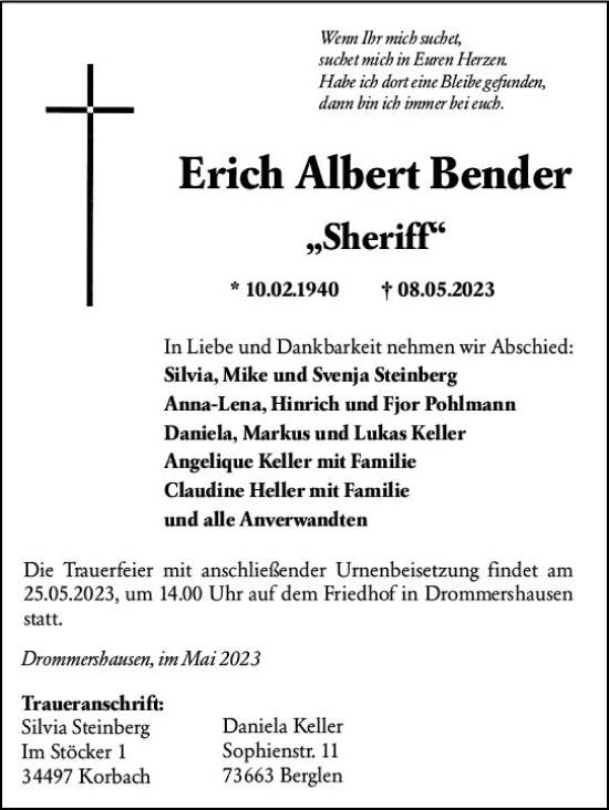 Traueranzeige von Erich Albert Bender von Weilburger Tageblatt