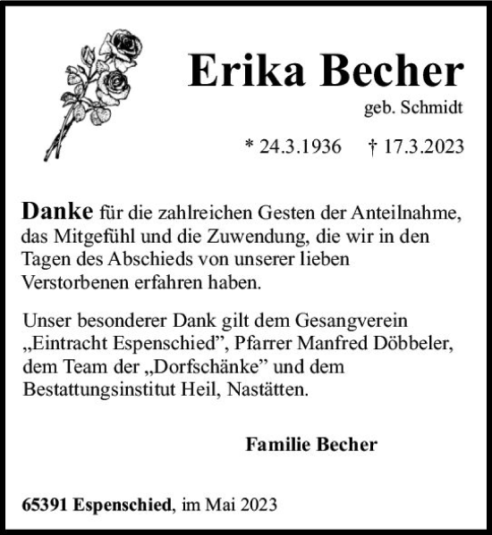 Traueranzeige von Erika Becher von Wiesbadener Kurier