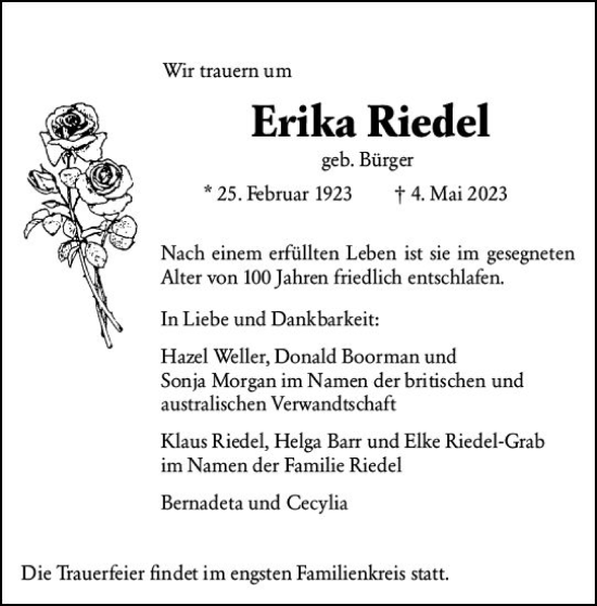 Traueranzeige von Erika Riedel von Darmstädter Echo