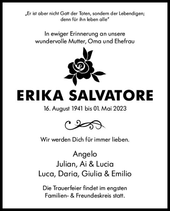Traueranzeige von Erika Salvatore von Darmstädter Echo