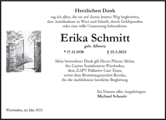 Traueranzeige von Erika Schmitt von Wiesbadener Kurier