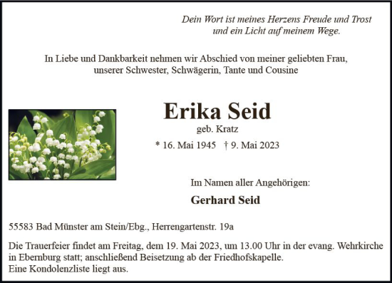 Traueranzeige von Erika Seid von Allgemeine Zeitung Bad Kreuznach