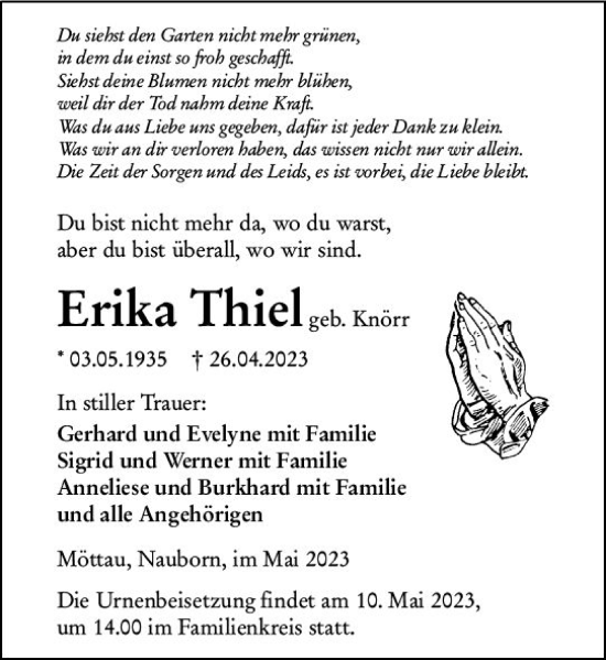 Traueranzeige von Erika Thiel von Weilburger Tageblatt