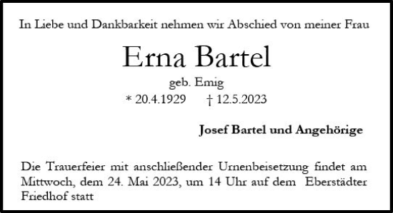 Traueranzeige von Erna Bartel von Darmstädter Echo