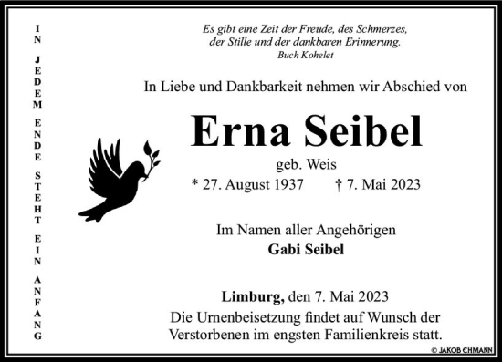 Traueranzeige von Erna Seibel von Nassauische Neue Presse