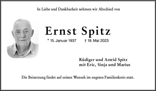 Traueranzeige von Ernst Spitz von Wiesbadener Kurier