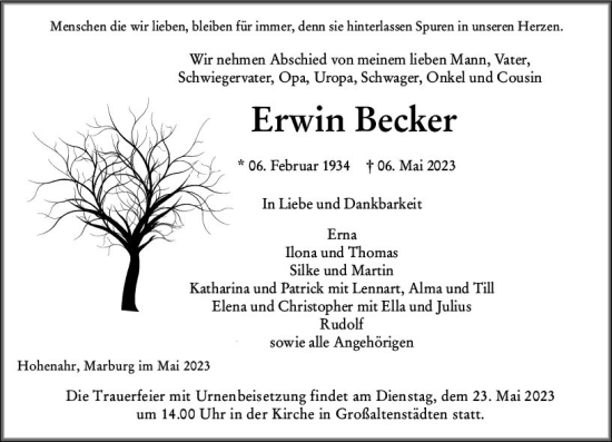 Traueranzeige von Erwin Becker von Wetzlarer Neue Zeitung