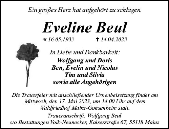 Traueranzeige von Eveline Beul von Allgemeine Zeitung Mainz