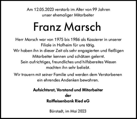 Traueranzeige von Franz Marsch von Starkenburger Echo