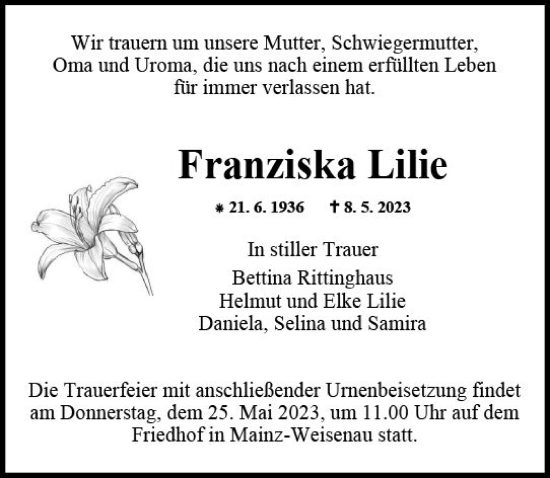 Traueranzeige von Franziska Lilie von Allgemeine Zeitung Mainz