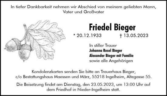 Traueranzeige von Friedel Bieger von Allgemeine Zeitung Bingen/Ingelheim