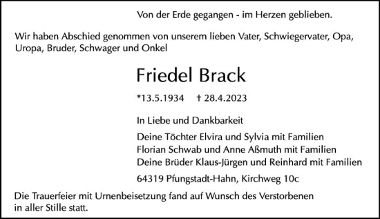Traueranzeige von Friedel Brack von Darmstädter Echo