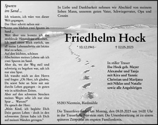 Traueranzeige von Friedhelm Hock von Allgemeine Zeitung Mainz