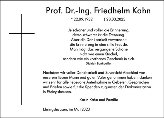 Traueranzeige von Friedhelm Kahn von Wetzlarer Neue Zeitung