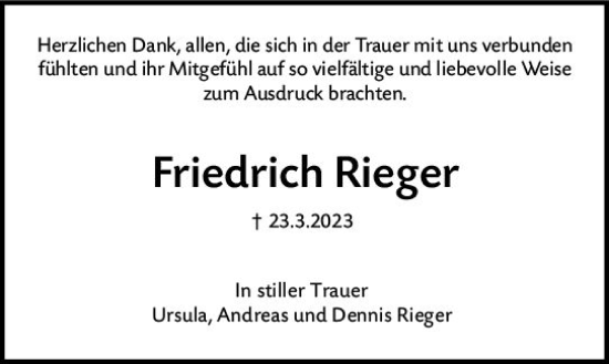 Traueranzeige von Friedrich  Rieger von Allgemeine Zeitung Bingen/Ingelheim