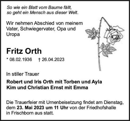 Traueranzeige von Fritz Orth von VRM Trauer