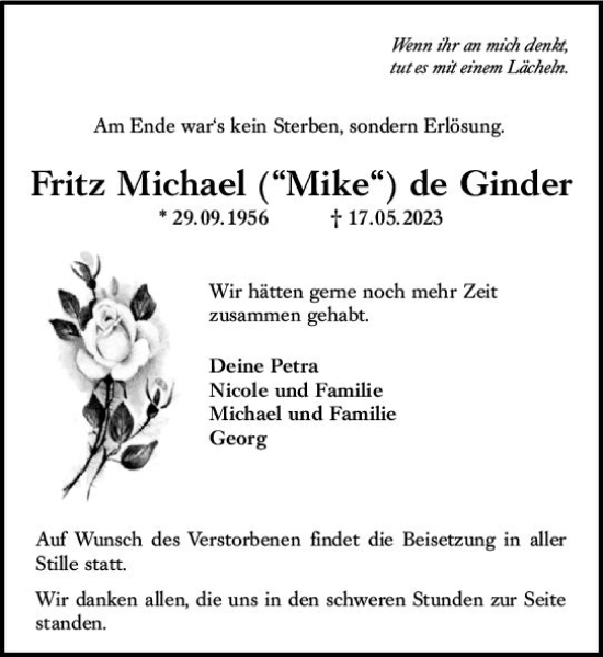 Traueranzeige von Fritz Michael de Ginder von Rüsselsheimer Echo