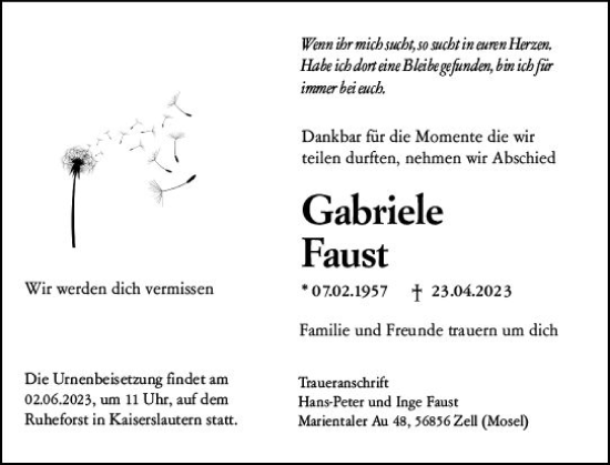 Traueranzeige von Gabriele Faust von Wiesbadener Kurier