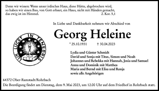 Traueranzeige von Georg Heleine von Darmstädter Echo