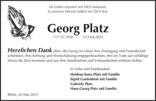Traueranzeige von Georg Platz von Wormser Zeitung