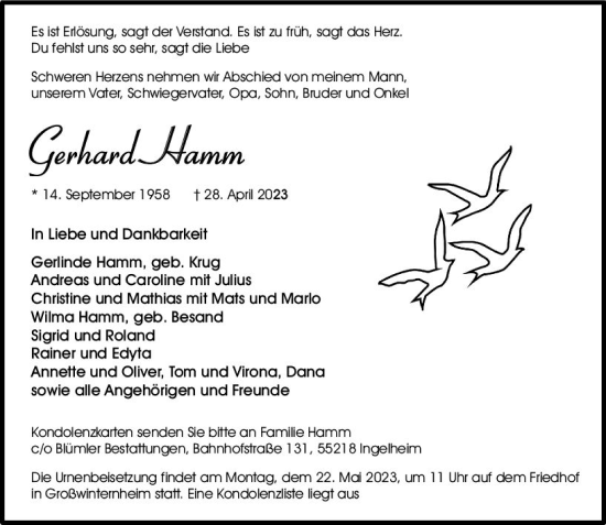 Traueranzeige von Gerhard Hamm von Allgemeine Zeitung Bingen/Ingelheim