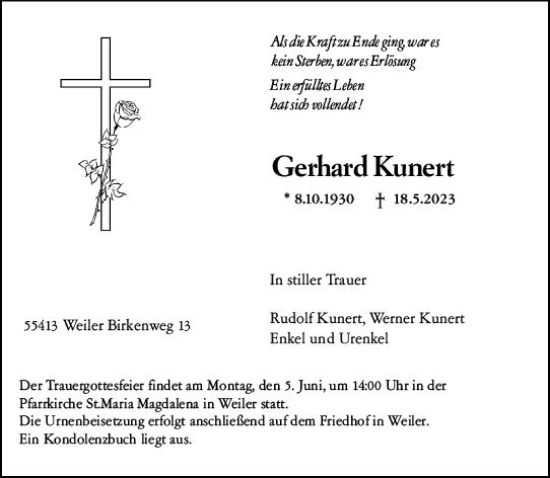 Traueranzeige von Gerhard Kunert von Allgemeine Zeitung Bingen/Ingelheim