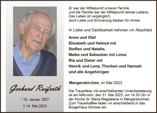 Traueranzeige von Gerhard Reiferth von Weilburger Tageblatt