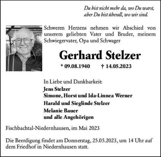 Traueranzeige von Gerhard Stelzer von Darmstädter Echo