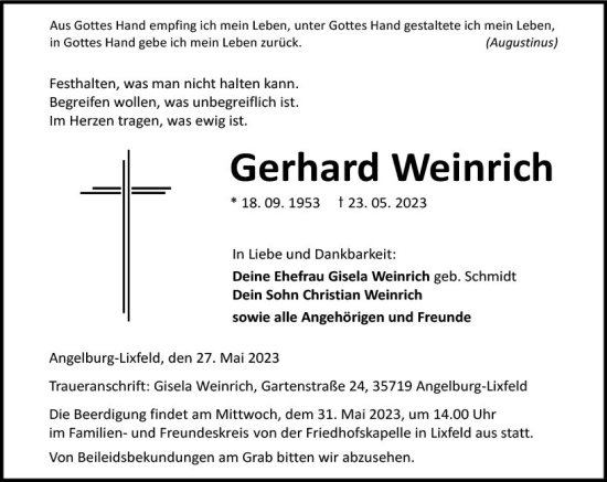 Traueranzeige von Gerhard Weinrich von Hinterländer Anzeiger