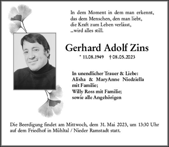Traueranzeige von Gerhard Adolf Zins von Darmstädter Echo